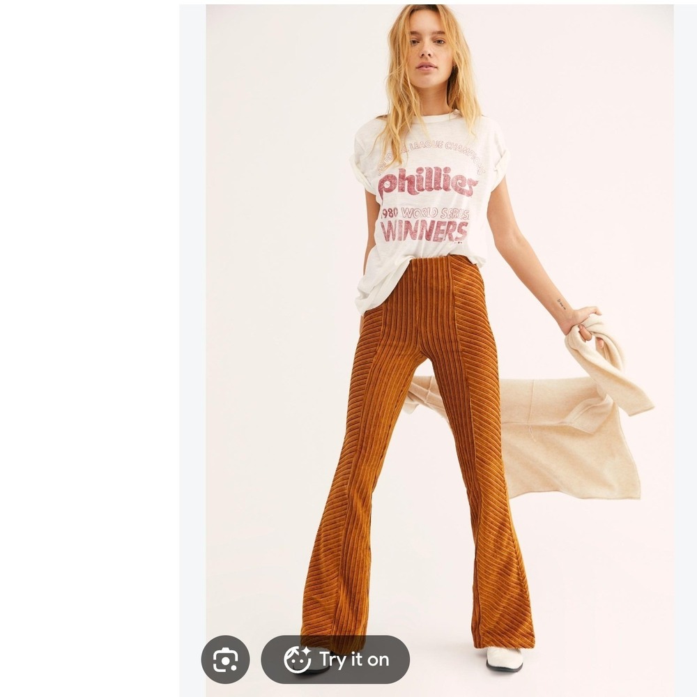 Free people slim pull on velvet flare pants 70s bell bottom festival retro boho